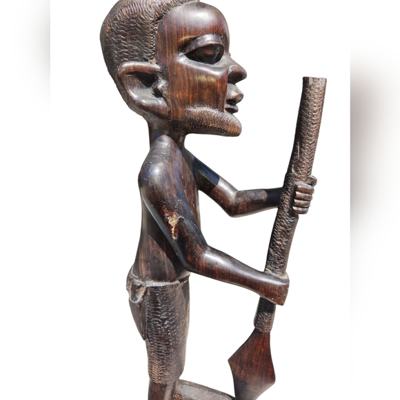 African Wooden Tribal Man Sculpture Figurine With Spear & Boar 15"x4.5"x4" - Picture 6 of 6